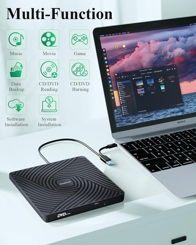 PeroBuno External CD DVD Drive, USB 3.0 Type-C Optical Drive, 0.5-inch Ultra-Slim Portable DVD CD ROM Disc Player Reader Writer Rewriter Burner Recorder for Laptop PC MacBook Windows Linux Mac OS - Image 5